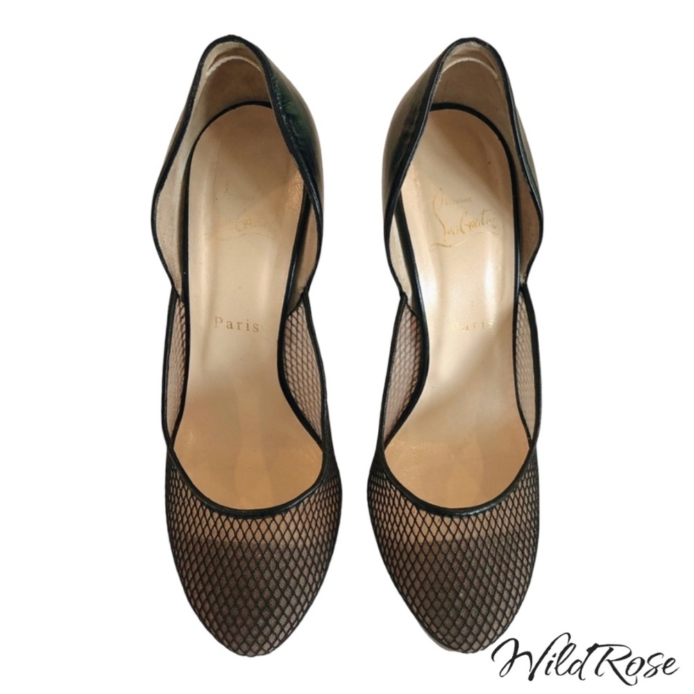 CHRISTIAN LOUBOUTIN Black Leather & Fishnet Mesh Platform Pumps SZ 38 - Picture 5 of 17